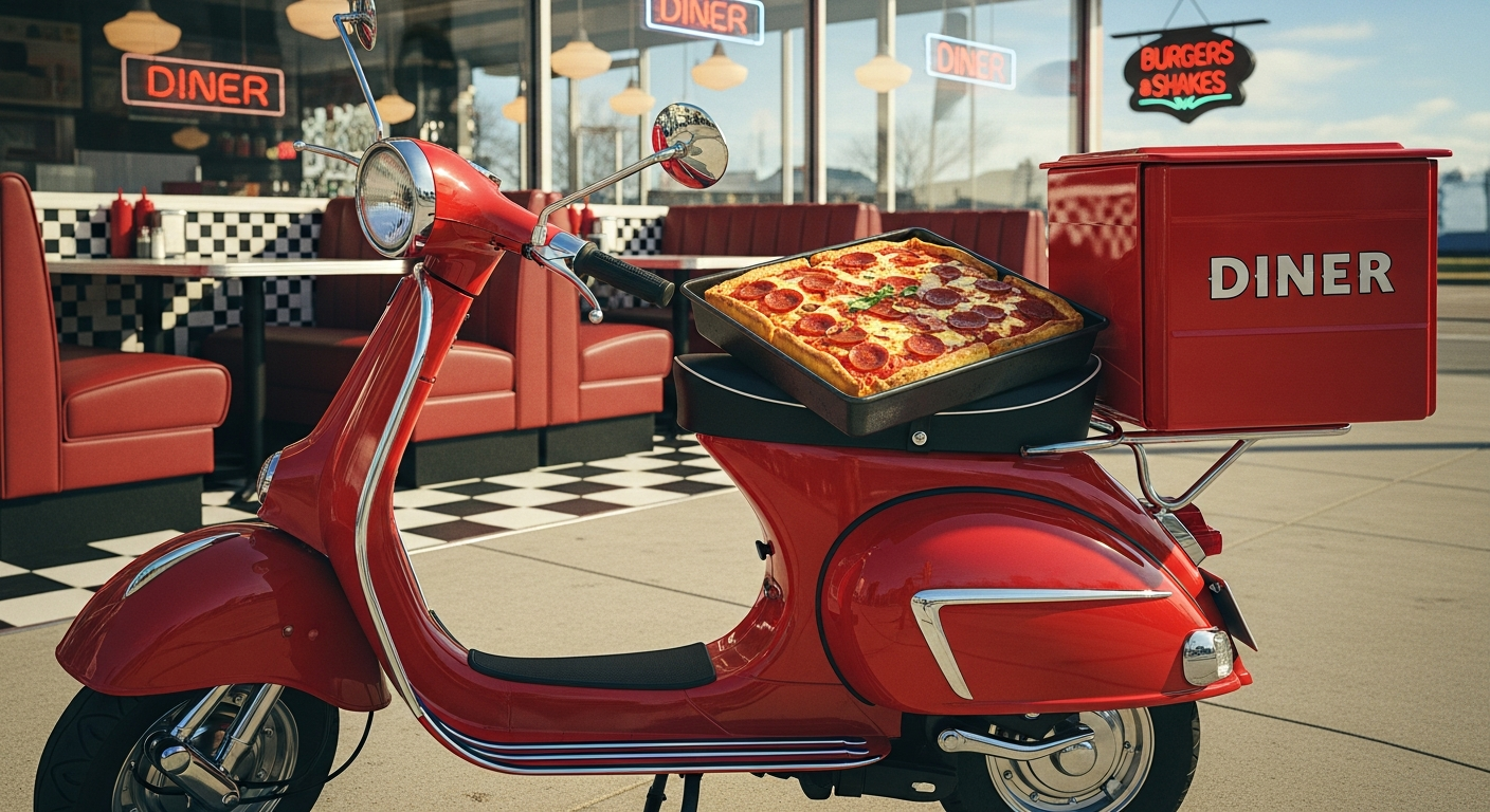 Retro delivery scooter with a Detroit-style pizza from Scooters Pizza Kitchen